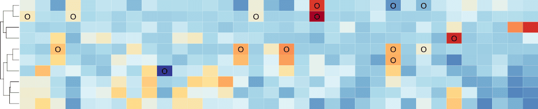 Clustered heatmap visualization with flagged outliers from a statistical analysis